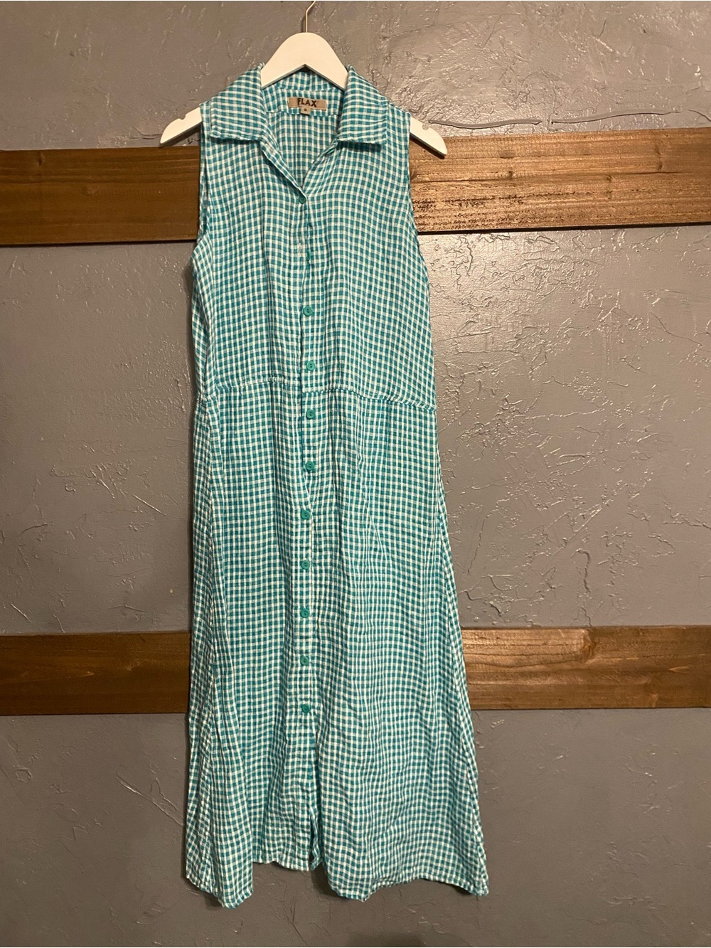 Flax Women’s S Green Teal Gingham Collared Button-Front Maxi Shirt Dress